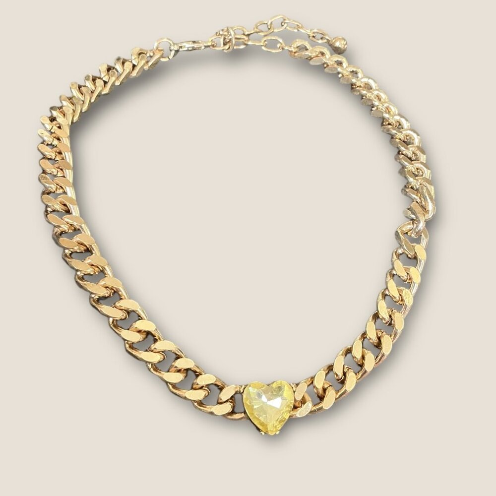 Gold Heart Charm Cuban Chain Necklace With Iridescent Stone